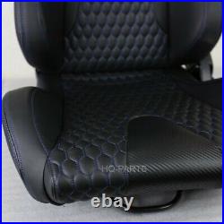 2x Tanaka Premium Black Carbon Pvc Leather Racing Seats + Blue Stitch For Camaro